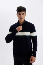 DEFACTO Navy Blue Standard Fit Regular Cut Stand Collar Zippered Striped Knitwear Sweater Y4193az24wn