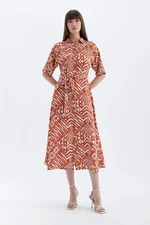 DEFACTO A-Line Shirt Collar Patterned Short Sleeve Midi Dress