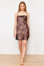 Trendyol Brown Leopard Patterned Lace Rope Strap Cowl Collar Satin Woven Nightgown