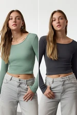 Trendyol Anthracite-Mint 2 Pack Fitted Wide Collar Ribbed Flexible Crop Knitted Blouse