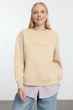 Trendyol Beige Slogan Printed and Poplin Detailed Relaxed/Comfortable Pattern Knitted Sweatshirt