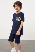 Trendyol Navy Blue Boy Printed Short Sleeve T-shirt Shorts Knitted Set Bottom-Top Set