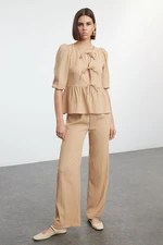 Trendyol Camel Textured Fabric Lacing Detailed Balloon Sleeve Woven Blouse-Pants Set