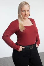 Trendyol Curve Claret Red Premium Square Neck Knitted Plus Size Bodysuit