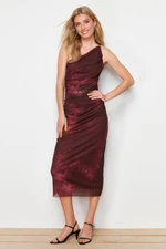 Trendyol Claret Red One-Sleeve Body-Fitting Accessory Detailed Tulle Flexible Knitted Midi Pencil Dress