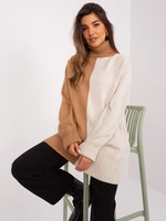 Camel and beige two-tone turtleneck sweater