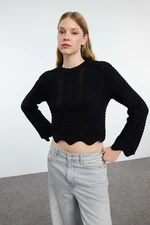 Trendyol Black Crop Openwork/Hole Detailed Crew Neck Knitwear Sweater