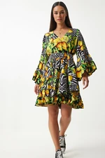 Happiness İstanbul Women's Yellow Black Patterned Summer Loose Viscose Dress