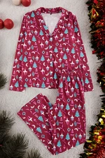 Trendyol Claret Red 100% Cotton Christmas Themed Knitted Pajama Set