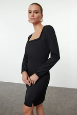 Trendyol Black Body-hugging Knitted Detailed Square Neck Mini Woven Dress