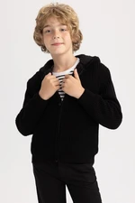 DEFACTO Boy Black Hooded Knitted School Cardigan