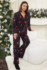 Trendyol Black-Multicolor Heart New Year Themed Viscose Woven Pajamas Set with Piping Detail