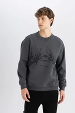 DEFACTO Men's Anthracite Boxy Fit Crew Neck Printed Sweatshirt