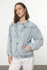 Trendyol Blue Floral Embroidered Denim Jacket