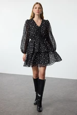 Trendyol Black Polka Dot Floral Patterned Skater Chiffon Woven Dress