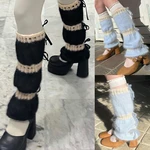 Drawstring Style Women Stripes Socks Splicing Color Contrast Yoga Leg Socks Knitted Stockings Bow Tie Leg Warmers Daily Outfit