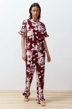 Trendyol Burgundy-Multi Color 100% Cotton Floral Ruffle Detail Knitted Pajamas Set