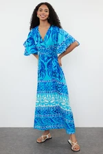 Trendyol Blue Ethnic Belted Patterned A-Line Double Breasted Collar Woven Dress