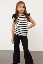 Trendyol Black Girl Striped Ruffle Detailed Knitted T-Shirt