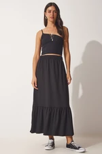 Happiness İstanbul Women's Black Flared Summer Midi Skirt