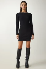 Happiness İstanbul Women's Black Mini Slit Ribbed Knitted Dress