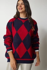 Happiness İstanbul Women's Red Diamond Pattern Oversize Knitwear Sweater