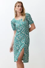 Trendyol Green Printed Gathered Square Collar Back Tie Detailed Stretchy Knitted Midi Dress