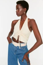 Trendyol kamenně praná pletená halter krk halenka s shirling detaily, žebrovaný pružný crop top