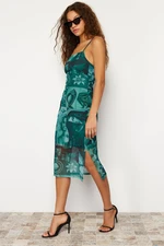 Trendyol Emerald Green Strap Fitted Square Neck Tulle Stretchy Knitted Midi Pencil Dress