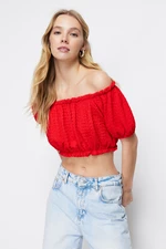 Trendyol Red Carmen Collar Wrap Crop Knitted Blouse