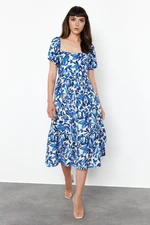 Trendyol Blue Floral Viscose Waist Opening Midi Woven Dress