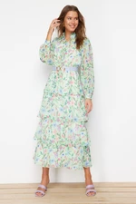 Trendyol Green Belt Lined Chiffon Floral Woven Dress