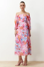 Trendyol Pink Floral Patterned A-Line Madonna Collar Chiffon Lined Maxi Woven Dress