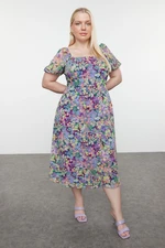 Trendyol Curve Pink Lined Chiffon Floral Square Neck Balloon Sleeve Woven Plus Size Dress