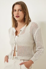 Happiness İstanbul Women's Cream Shiny Openwork Seasonal Crop Knitwear Cardigan