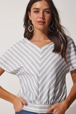 Happiness İstanbul Women's Light Blue White Striped V-Neck Knitted Blouse
