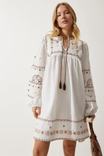 Happiness İstanbul Women's Ecru Embroidered Woven Linen Dress