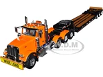 Peterbilt 367 Day Cab Bright Orange and Talbert 55SA Tri-Axle Lowboy Trailer Black 1/50 Diecast Model by First Gear