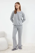 Trendyol Grey Melange Printed Pocket and Ruffle Detailed Knitted Pajama Set