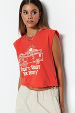 Trendyol Red 100% Cotton Printed Sleeveless Crop Crew Neck Knitted T-Shirt