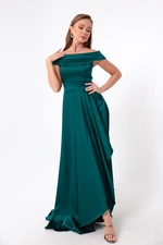 Lafaba Women's Petrol Boat Neck Satin Evening Dress & Prom Dress