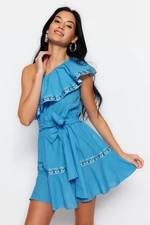 Trendyol Blue Belted Mini Weave Stripe Accessoried One-Shoulder 100% Cotton Beach Dress