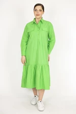 Şans Women's Green Plus Size Front Pat Buttoned Chest Pocket Tiered Hem Dress