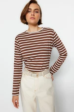 Trendyol Brown Striped Basic Crew Neck Knitted T-shirt