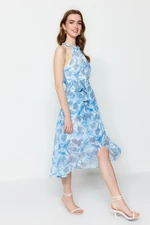 Trendyol Blue Floral Belted A-line / Bell Form Flounced Midi bélelt szőtt ruha