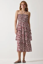 Happiness İstanbul Women's Brown Floral Flounce Summer Viscose Dress