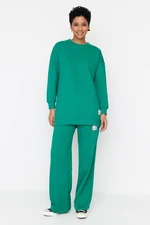 Trendyol Dark Green Crew Neck Knitted Tracksuit Set with Ornamental Label