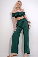 Trend Alaçatı Stili Women's Emerald Green Madonna Collar Crop Blouse And Palazzo Pants Bottom Top Set