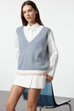 Trendyol Petrol V-Neck Geometric Patterned Knitwear Sweater