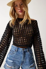 Happiness İstanbul Women's Black Perforated Seasonal Crop Knitwear Blouse